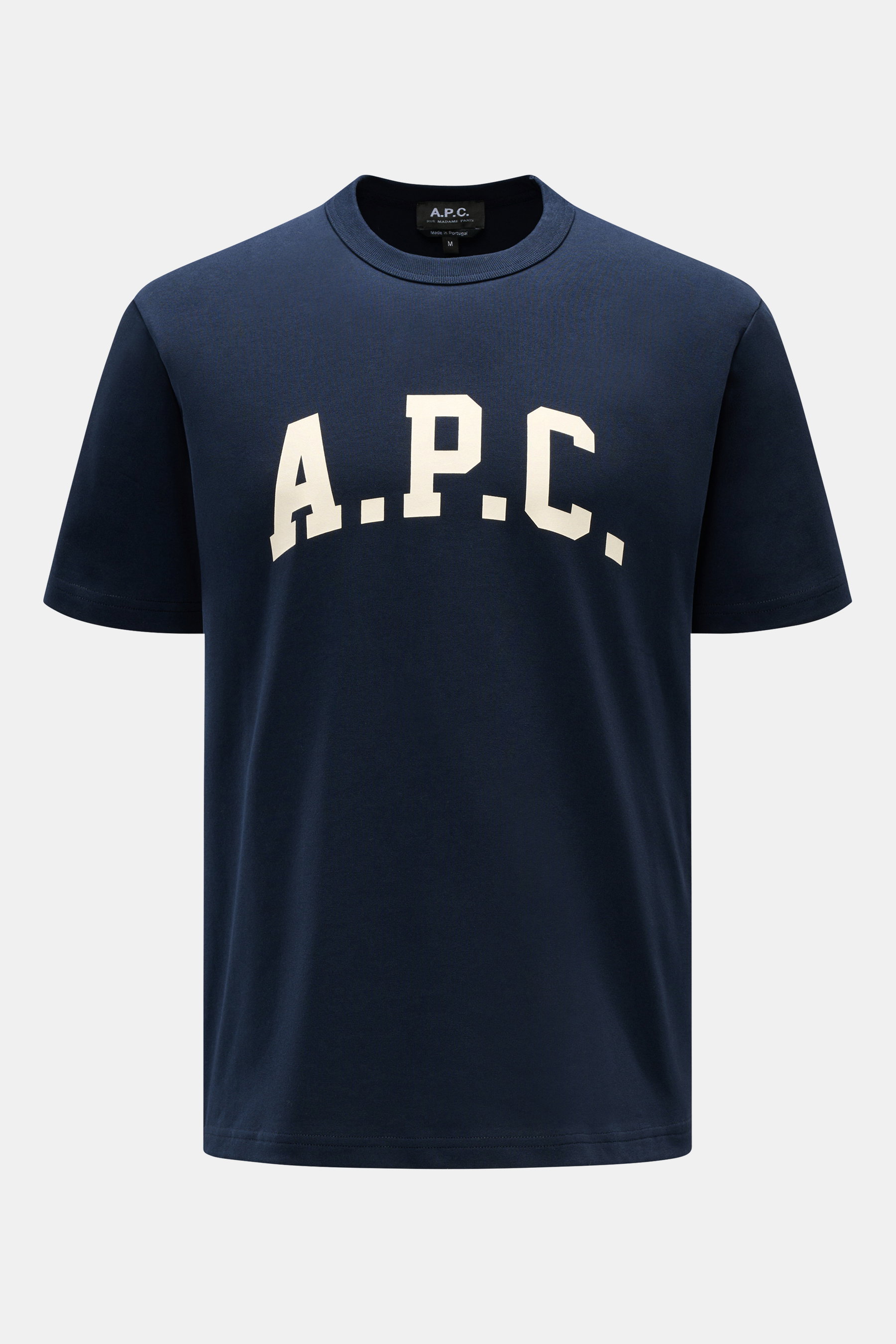 A.P.C. Rundhals-T-Shirt 'Marcus' navy, frontal fotografiert, aus schwerem Baumwoll-Jersey, slim Fit, mit weißem A.P.C.-College-Print auf der Brust.
