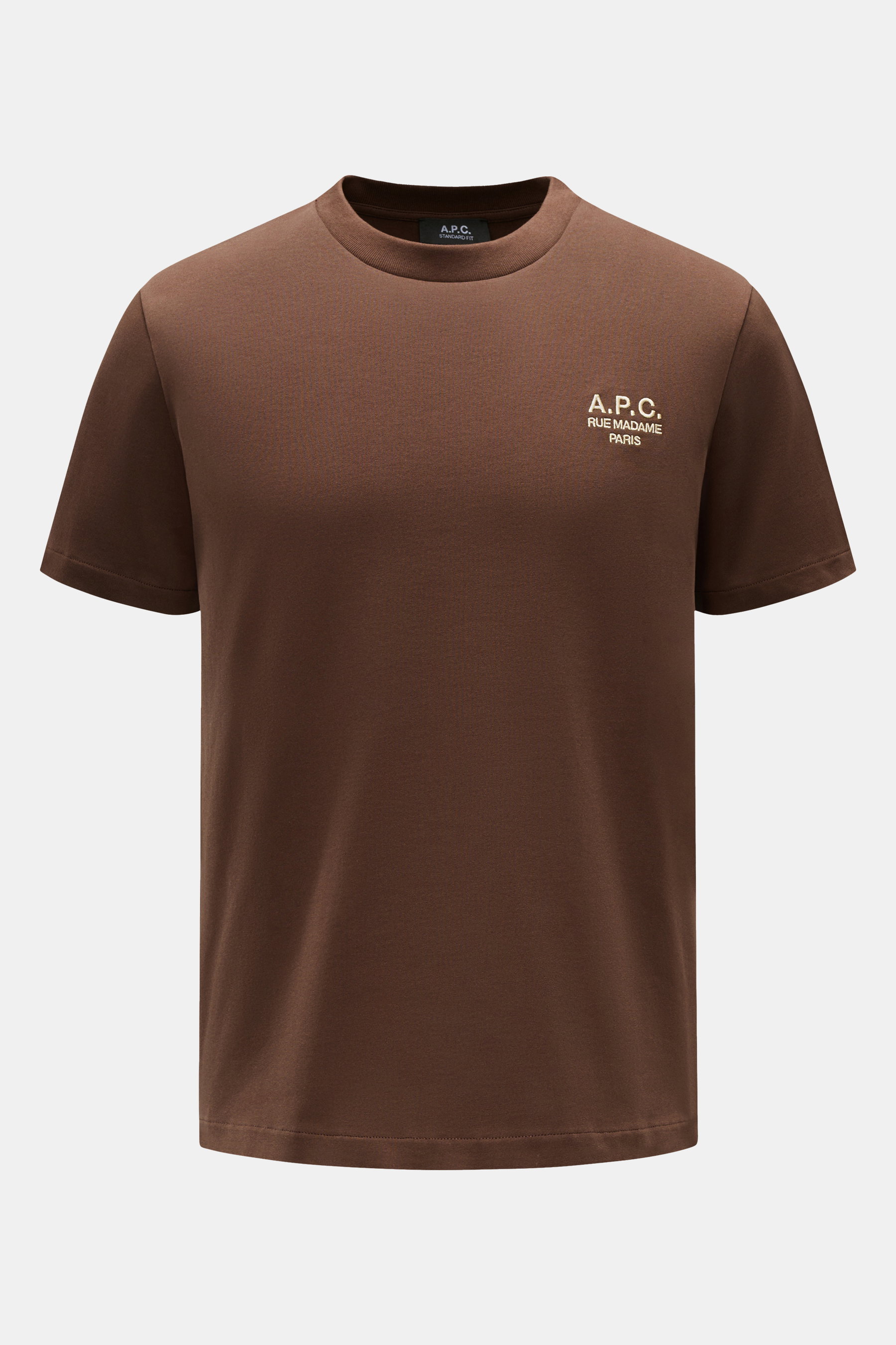 A.P.C. Rundhals-T-Shirt 'Standard Rue Madame' braun, frontal fotografiert, aus weichem Baumwoll-Jersey mit Regular Fit, Rundhalsausschnitt und kontrastierender Logo-Stickerei auf der Brust.