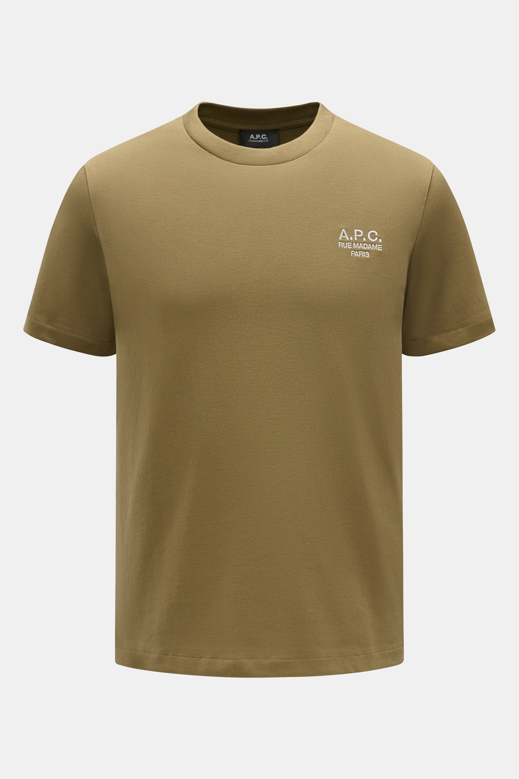 A.P.C. Rundhals-T-Shirt "Standard Rue Madame" oliv, frontal fotografiert, aus weichem Baumwoll-Jersey, Regular Fit, mit A.P.C. Logo-Stickerei auf der Brust.