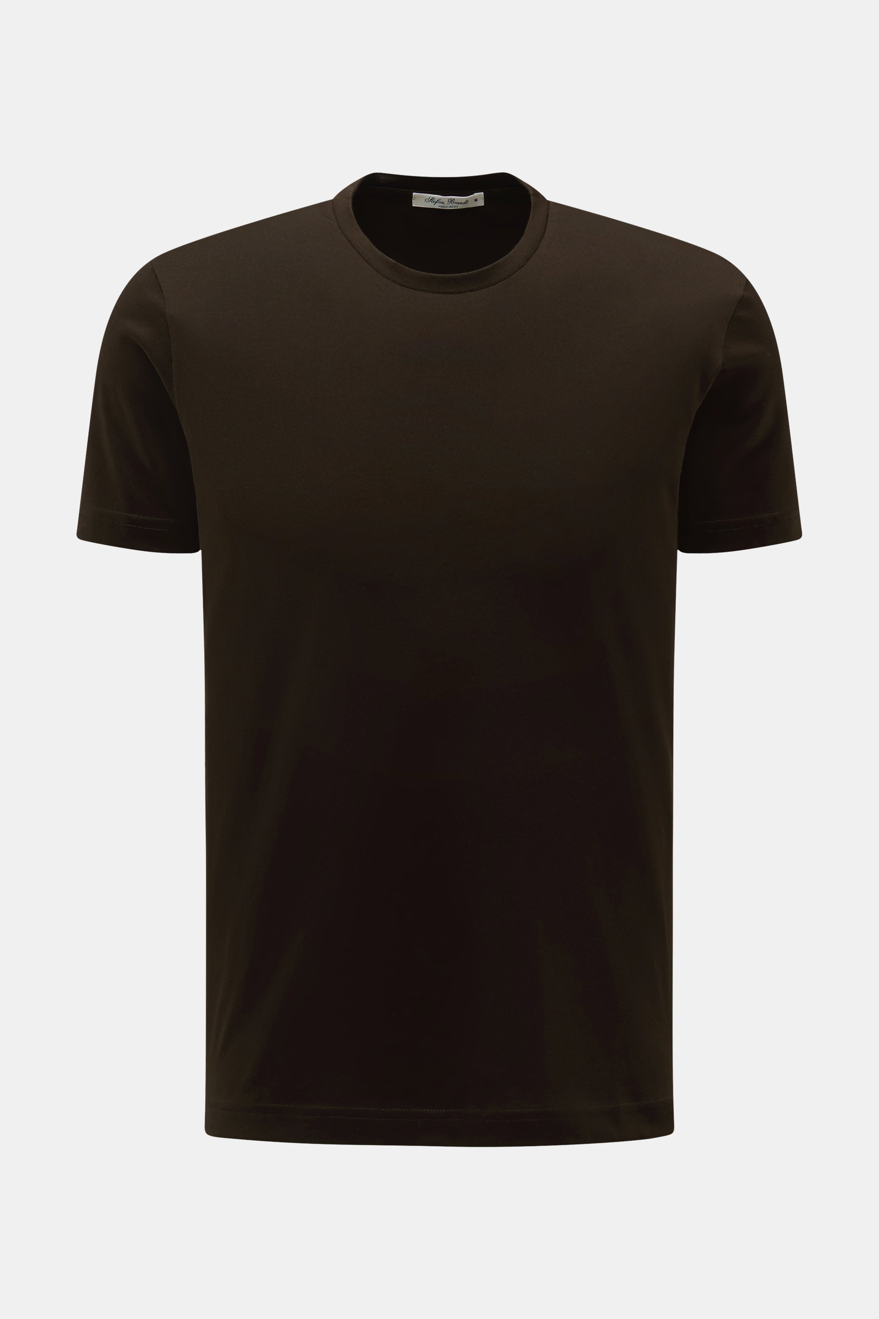 Stefan Brandt Rundhals-T-Shirt 'Enno' dunkelbraun, Slim Fit, aus feiner Jersey-Qualität, frontale Nahaufnahme, bio Pima-Baumwolle, weich, pflegeleicht.