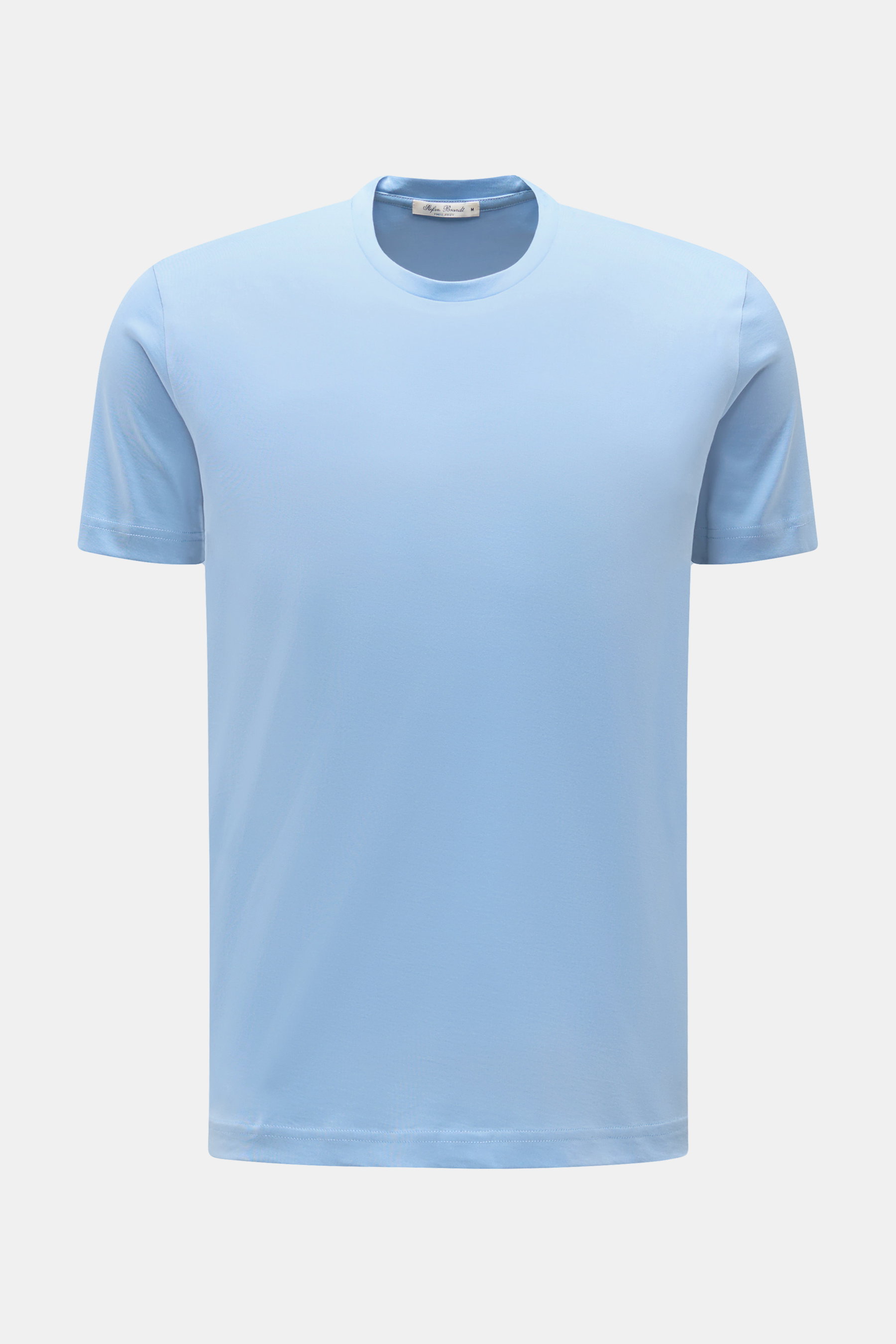 Stefan Brandt Rundhals-T-Shirt "Enno" hellblau, Slim Fit, aus feiner, biologischer Pima-Baumwolle, vorne frontal fotografiert, seidig weich.