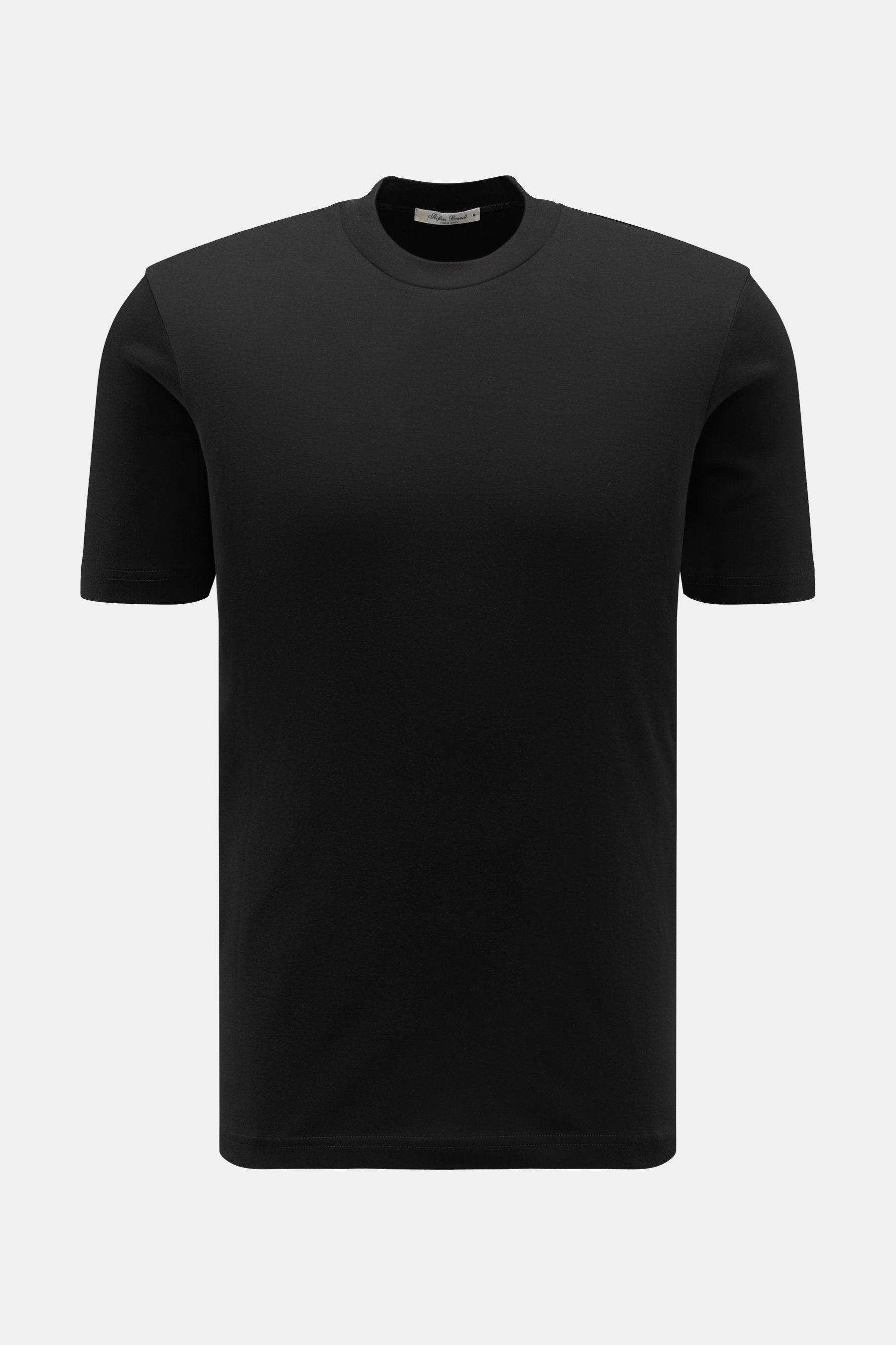Schwarz fotografiertes Stefan Brandt Rundhals-T-Shirt 'Sea Island Eli' aus weichem Sea-Island-Baumwoll-Jersey, Slim Fit, frontal.