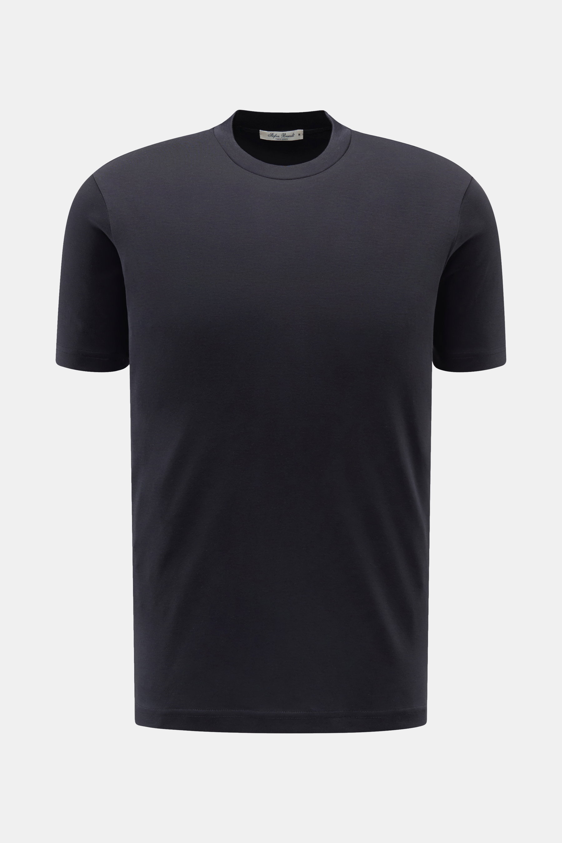 Frontale Aufnahme des Stefan Brandt Rundhals-T-Shirts 'Sea Island Eli' dark navy aus reiner Sea-Island-Baumwolle, Slim Fit, sehr weich, Rundhalsausschnitt.