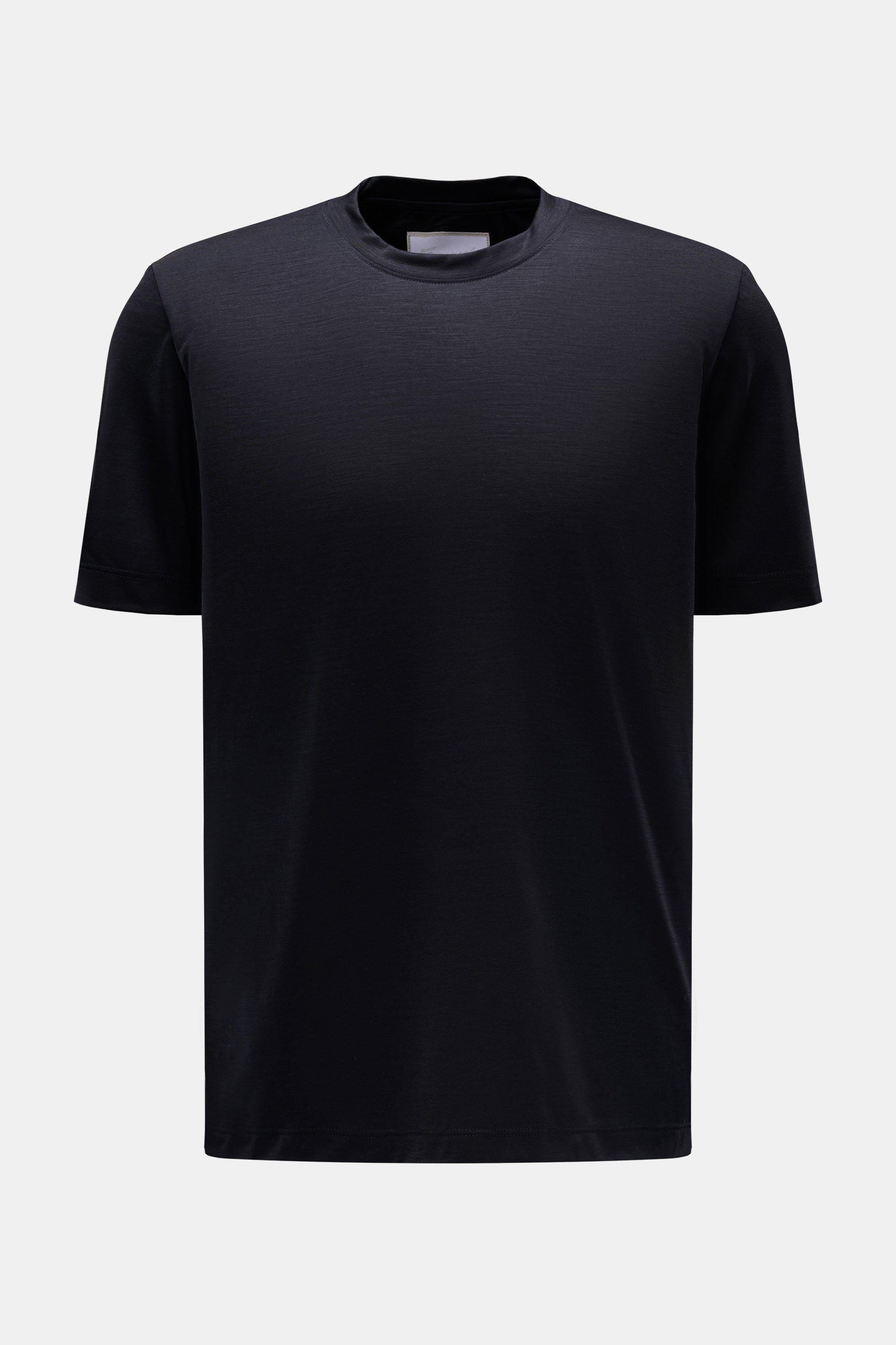 Marco Pescarolo Rundhals-T-Shirt 'James' dark navy, frontal fotografiert, aus reiner Wolle, glatter Griff, leichte Qualität, Slim Fit, kurze Saumschlitze.