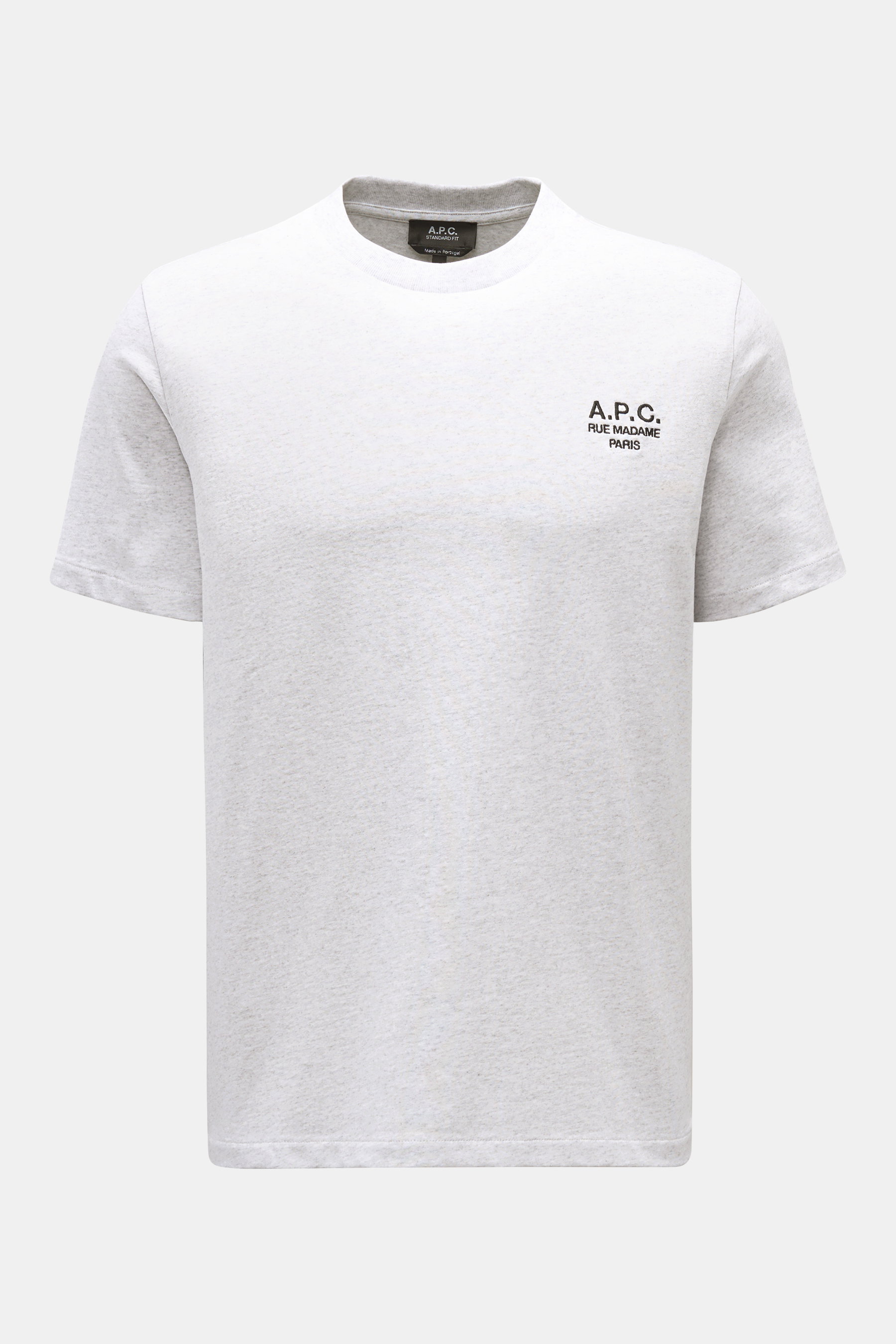Front view of the A.P.C. Rundhals-T-Shirt 'Standard Rue Madame' braun in soft cotton jersey with A.P.C. logo embroidery on chest, regular fit and round neckline. <p>Clean, cool, A.P.C. – das T-Shirt 'Standard Rue Madame' bringt französisches Understatemen