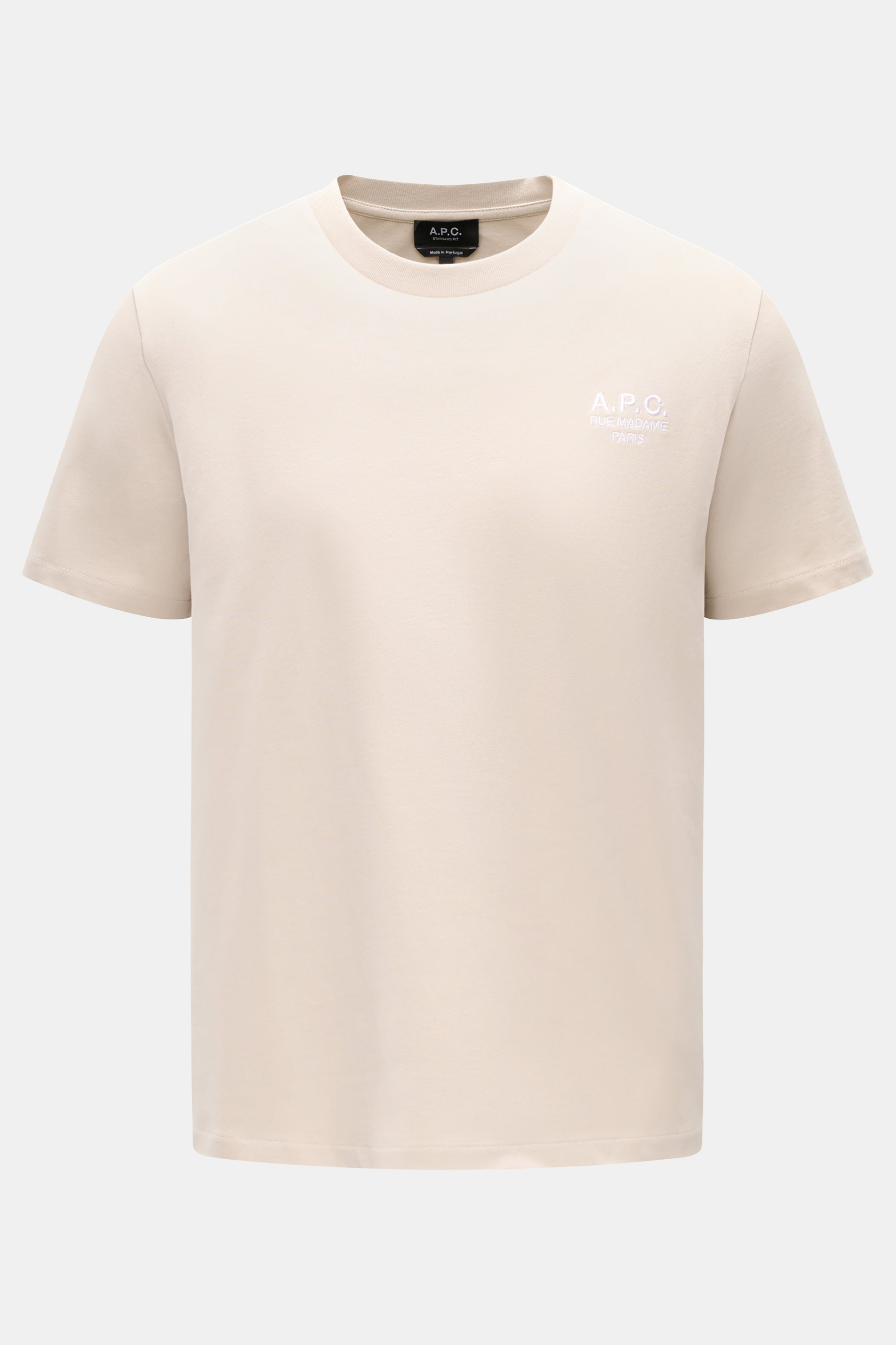Front view of A.P.C. Crew neck T-shirt 'Standard Rue Madame' beige, soft cotton jersey with A.P.C. logo embroidery on chest.

<p>Clean, cool, A.P.C. – the T-shirt 'Standard Rue Madame' is the epitome of French understatement. In soft cotton jersey with co