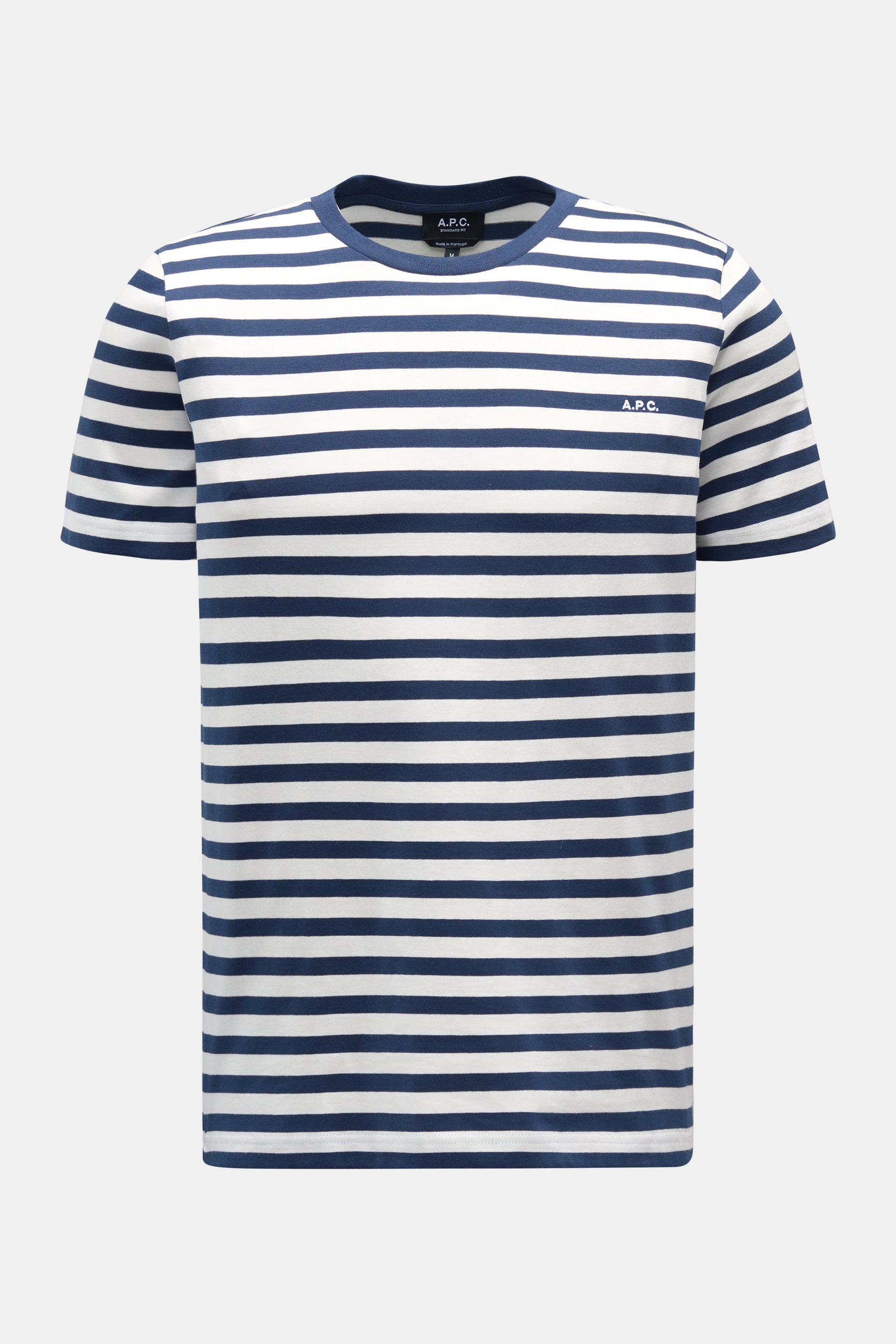 A.P.C. Rundhals-T-Shirt navy/offwhite gestreift, frontal fotografiert, maritimer Look mit bretonischen Streifen, Slim Fit, reine Baumwolle, weicher Griff, Rundhalsausschnitt, dezentes Logo-Stitching auf der Brust.