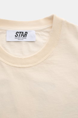 Golden Goose Rundhals-T-Shirt creme, Detailaufnahme des Rundhalsausschnitts und Etiketts, reine Baumwolle, Made in Italy, vintage.