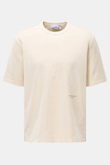 Stone Island Rundhals-T-Shirt 'Marina' creme, frontale Ansicht, reine Baumwolle, weicher Griff, Oversized Fit, Rippstrick-Schulter, dezenter Logo-Print.