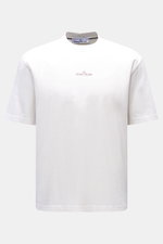Stone Island Rundhals-T-Shirt offwhite, Frontansicht, Regular Fit aus schwerer Baumwolle mit STONE ISLAND-Print und plakativem Rückenprint.