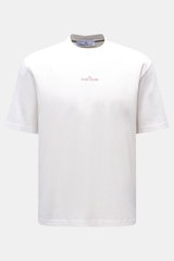 Stone Island Rundhals-T-Shirt offwhite, Frontansicht, Regular Fit aus schwerer Baumwolle mit STONE ISLAND-Print und plakativem Rückenprint.