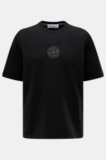 Stone Island Rundhals-T-Shirt schwarz, frontal fotografiert, aus schwerer Baumwolle mit weichem Griff, Regular Fit, Front- und Rückenprint.