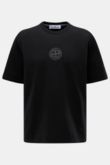 Stone Island Rundhals-T-Shirt schwarz, frontal fotografiert, aus schwerer Baumwolle mit weichem Griff, Regular Fit, Front- und Rückenprint.