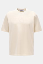 Stone Island Rundhals-T-Shirt creme, frontal fotografiert, aus schwerer Baumwolle mit weichem Griff, Regular Fit, Logo-Print vorne, plakativer Rückenprint.