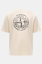 Stone Island Rundhals-T-Shirt creme, Rückansicht mit plakativen STONE ISLAND-Print, aus schwerer Baumwolle, Regular Fit, weicher Griff.