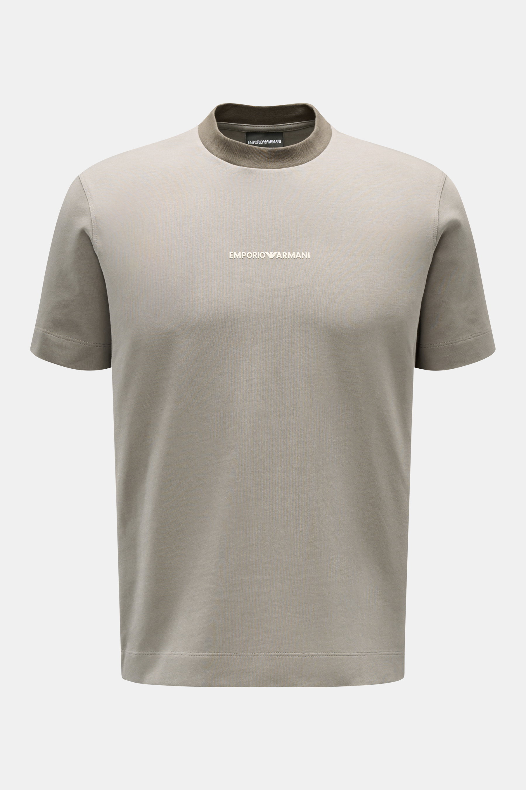 Front view of Emporio Armani Crew neck T-shirt taupe in heavy cotton jersey, featuring a contrasting crew neck and small rubberised logo on front.

<p>This T-shirt by EMPORIO ARMANI features a 'Y2K' design in the form of the generous stitching on the back