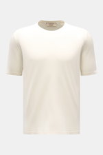 Front view of Fioroni Rundhals-T-Shirt offwhite, finely knitted from pure cotton with slim fit and short side slits.

<p>Für den gediegenen Auftritt im Frühling sorgt dieses fein gestrickte T-Shirt von FIORINI, welches aus reiner Baumwolle gefertigt wurde