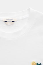 Jacob Cohen Rundhals-T-Shirt 'Resort' weiß, Detailaufnahme von oben, klassisches Baumwoll-Shirt mit Cabrio-Stitching, Leder-Label, Slim Fit.