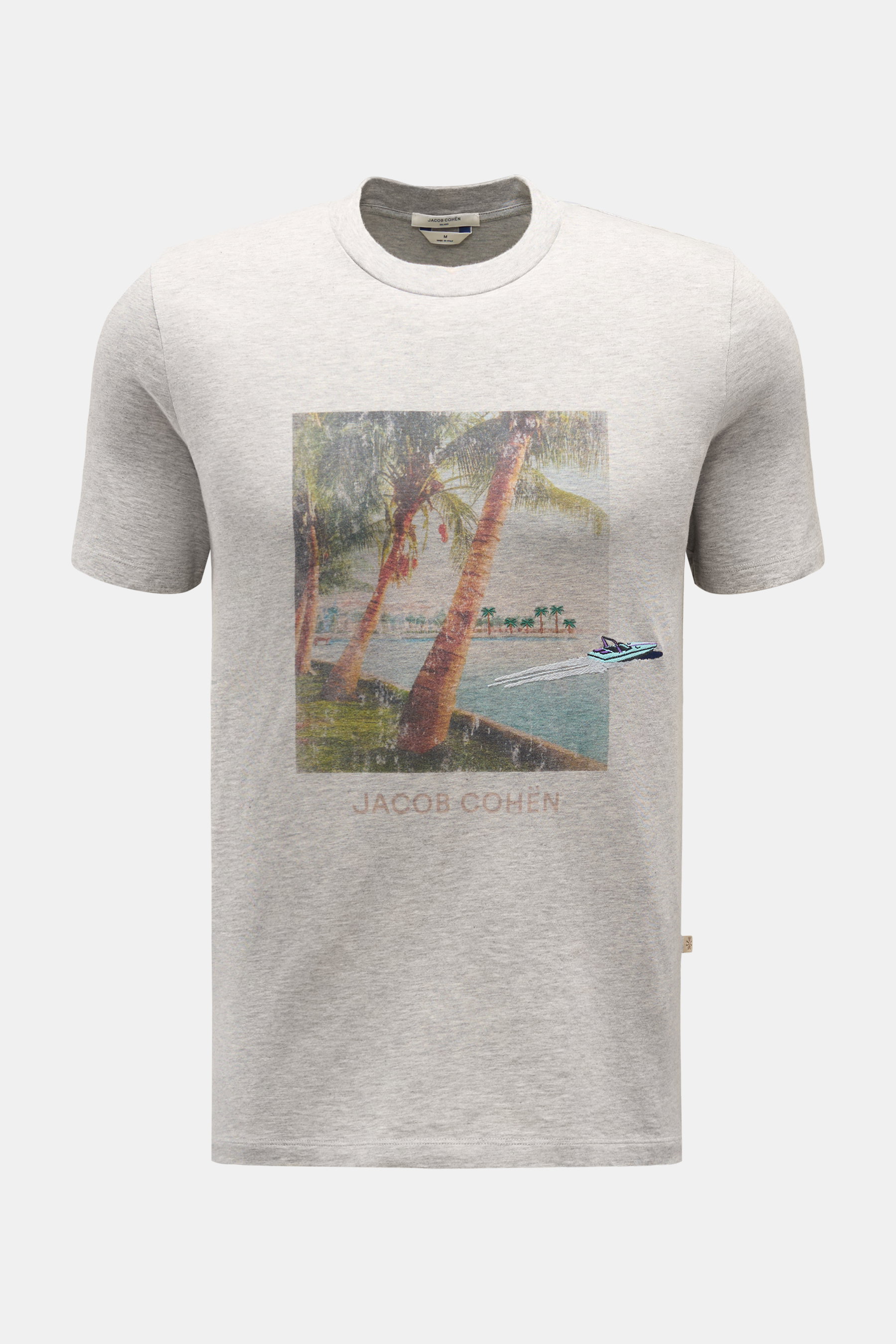 Jacob Cohen Rundhals-T-Shirt 'Resort' grau meliert, Frontansicht, Palmen-Motiv mit Digital-Print, Boot-Stitching, Jersey Baumwolle, Slim Fit.