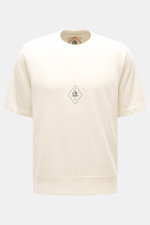 Frontansicht des cremefarbenen C.P. Company Rundhals-Kurzarm-Sweatshirts aus Malfilè-Baumwolle mit retro Logo-Print.