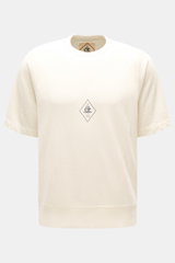 Frontansicht des cremefarbenen C.P. Company Rundhals-Kurzarm-Sweatshirts aus Malfilè-Baumwolle mit retro Logo-Print.