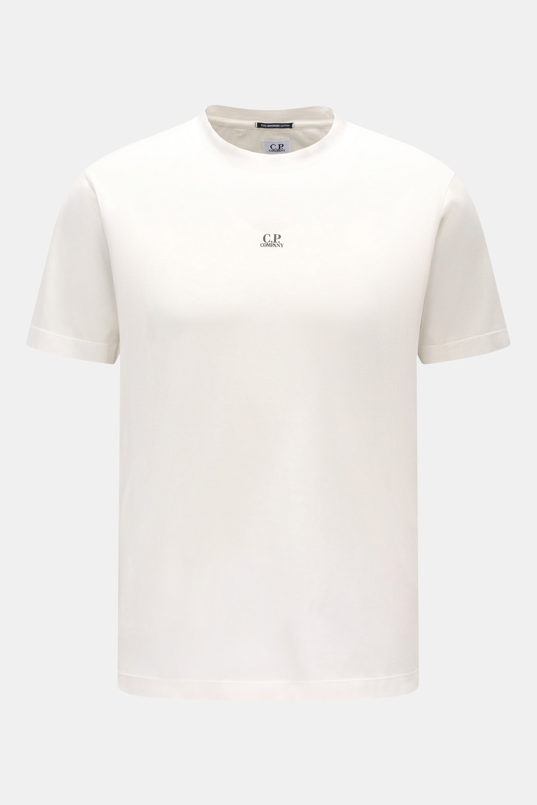 C.P. Company Rundhals-T-Shirt offwhite, Slim Fit, weiche mercerisierte Baumwolle, Frontansicht mit kleinem Logo-Print auf der Brust.