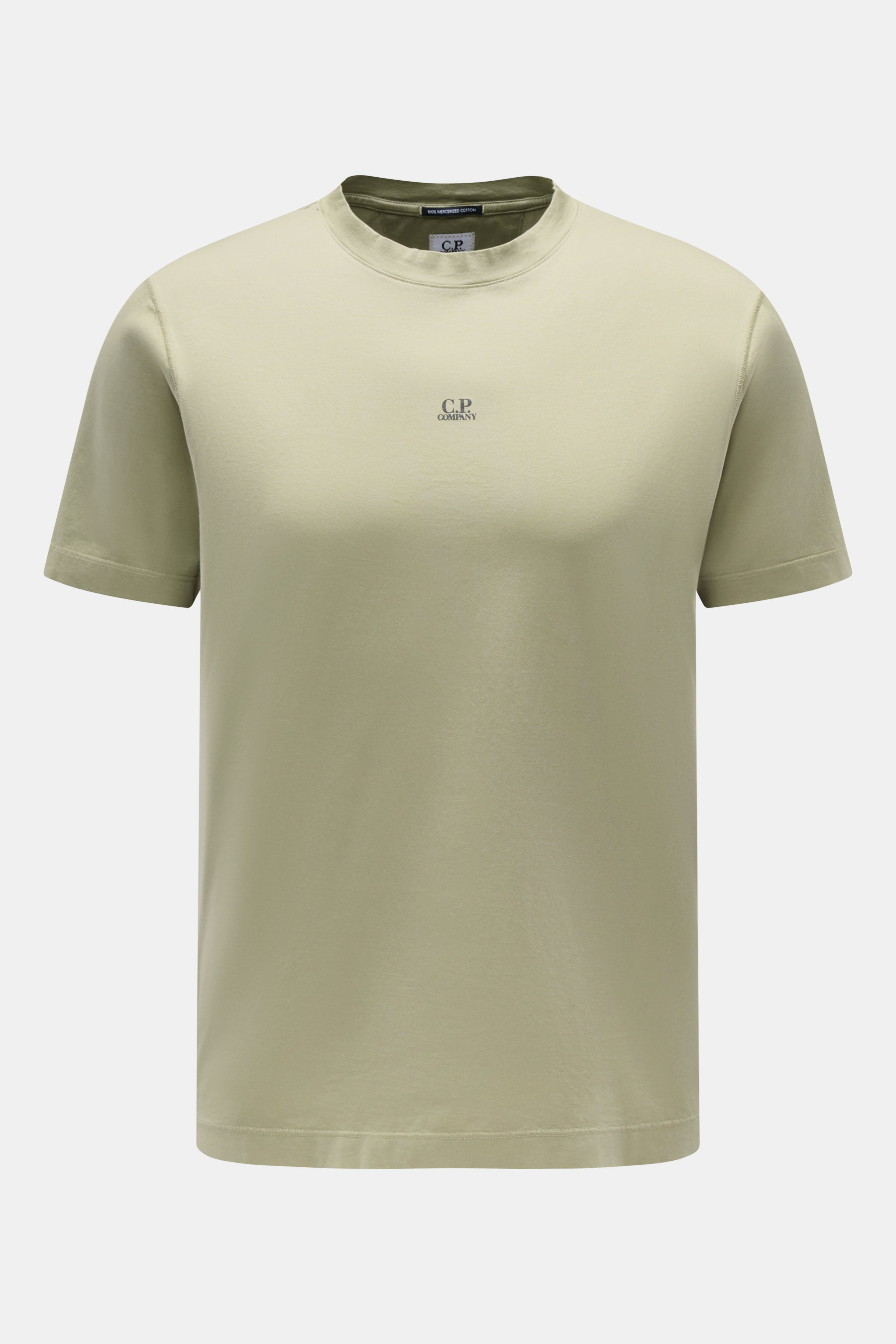 C.P. Company Rundhals-T-Shirt oliv, Slim Fit aus mercerisierter Baumwolle, weicher Griff, Frontansicht mit kleinem Logo-Print auf der Brust.