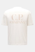 C.P. Company T-Shirt offwhite rückseitig fotografiert, Slim Fit, reine Baumwolle, weicher Griff, Rundhalsausschnitt, großer Backprint und Logo-Print auf der Brust.