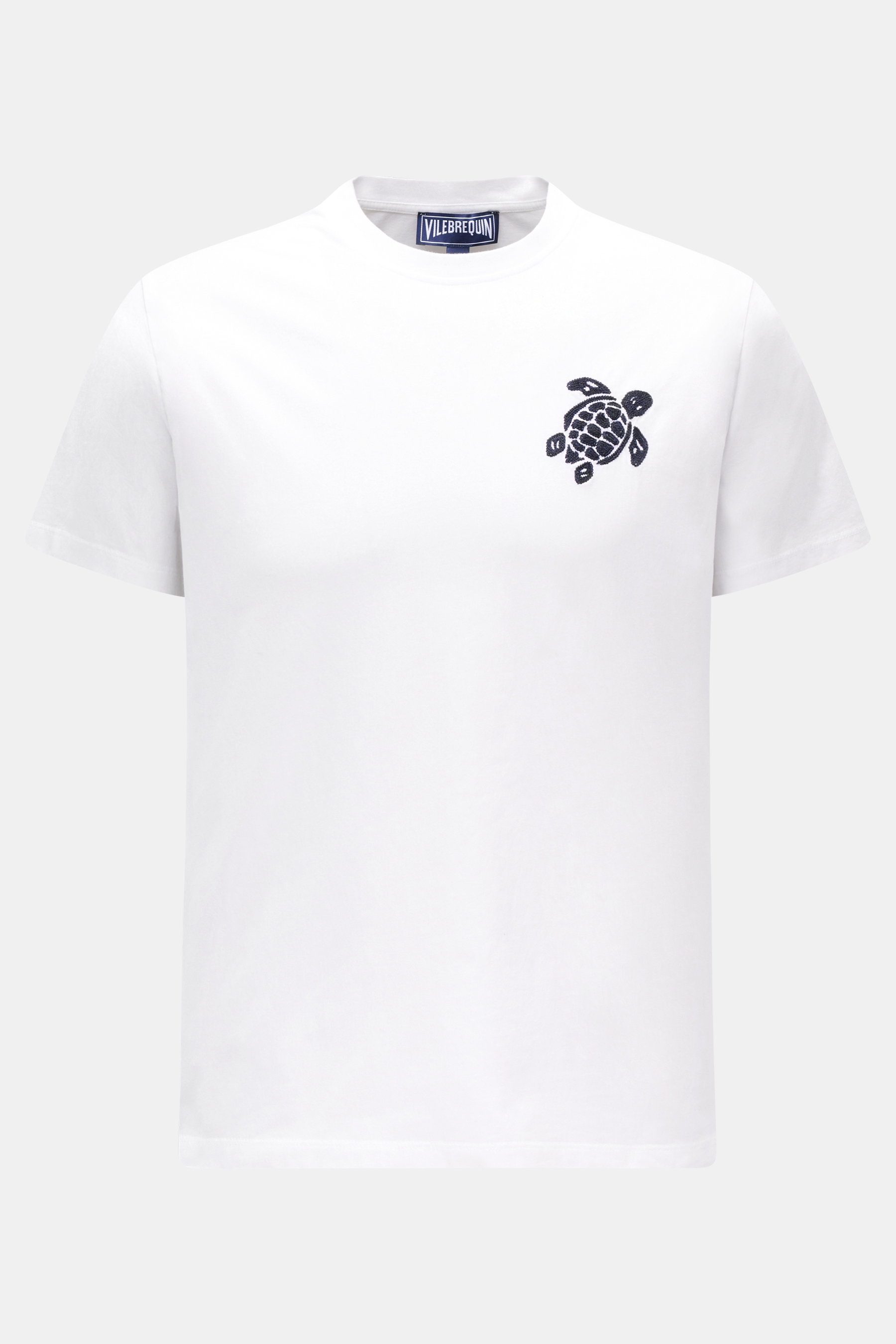Vorderansicht des weißen Vilebrequin Rundhals-T-Shirts 'Partisol' mit super softem Griff, Slim Fit und Schildkröten-Stitching.