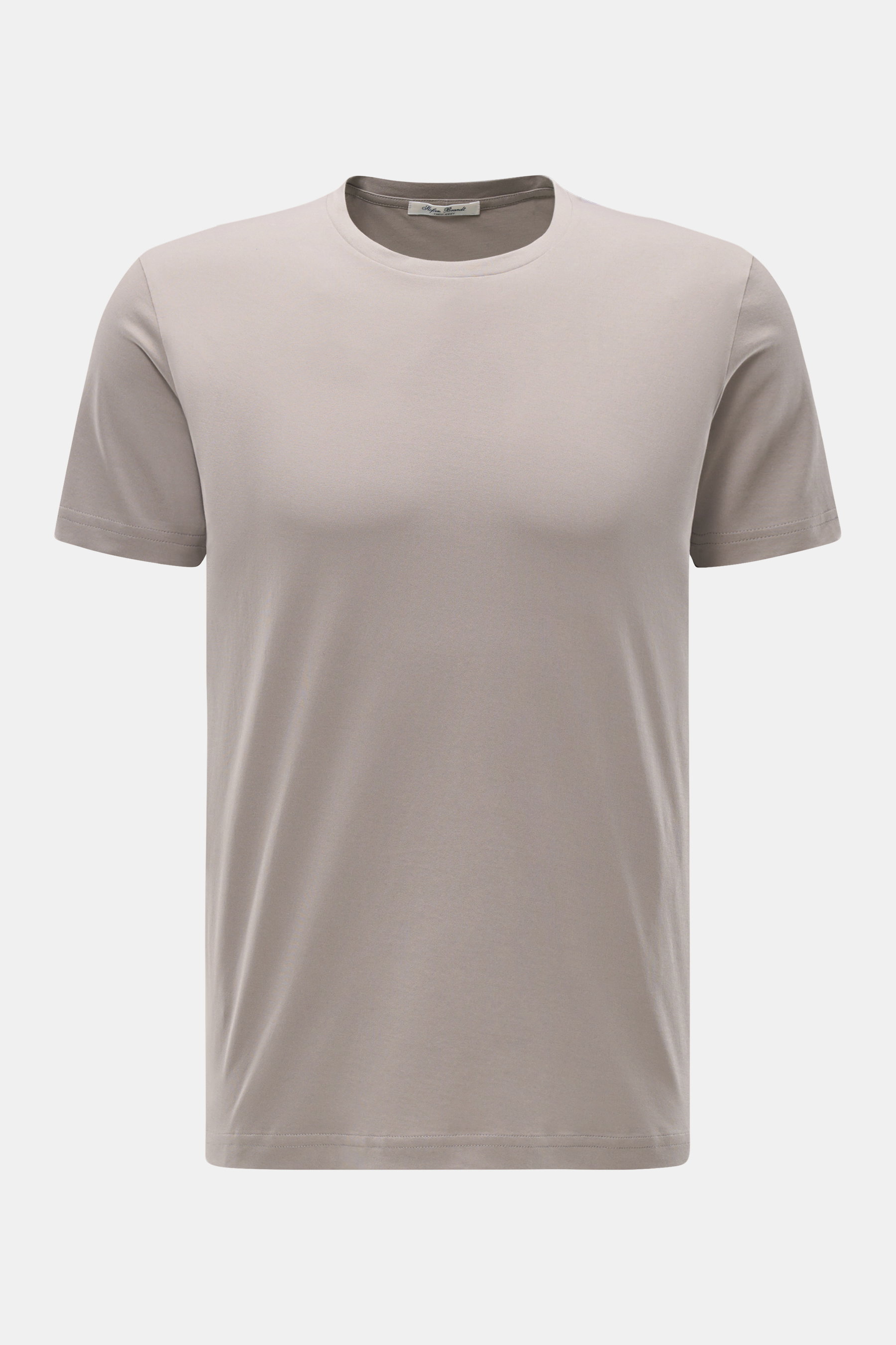 Front view of Stefan Brandt Rundhals-T-Shirt 'Enno' taupe, a slim fit, round neck tee made from soft Urpima Sea Island cotton jersey.

<p>Luxuriöses Essential: Das Rundhals-T-Shirt 'Enno' von STEFAN BRANDT aus edler 'Urpima Sea Island' Baumwolle besticht 
