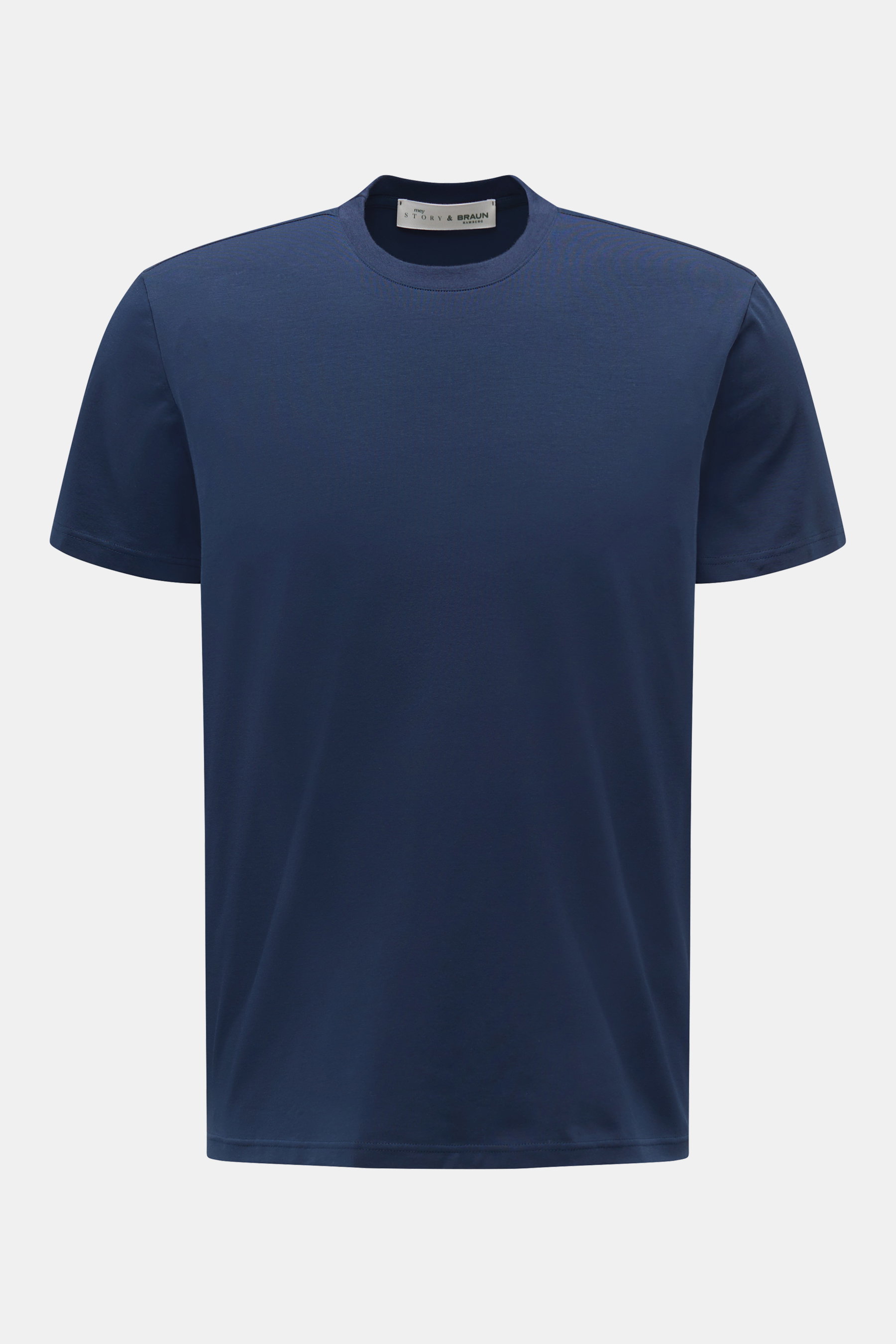 Frontale Nahaufnahme des mey story Rundhals-T-Shirts navy aus weichem, glattem, mercerisiertem Baumwoll-Jersey mit Stretch, Slim Fit.