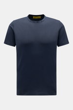 B.F. Knitwear Rundhals-T-Shirt navy, Slim Fit, reine Baumwolle, weicher Griff, kurze Saumschlitze, frontal fotografiert, Rundhalsausschnitt.