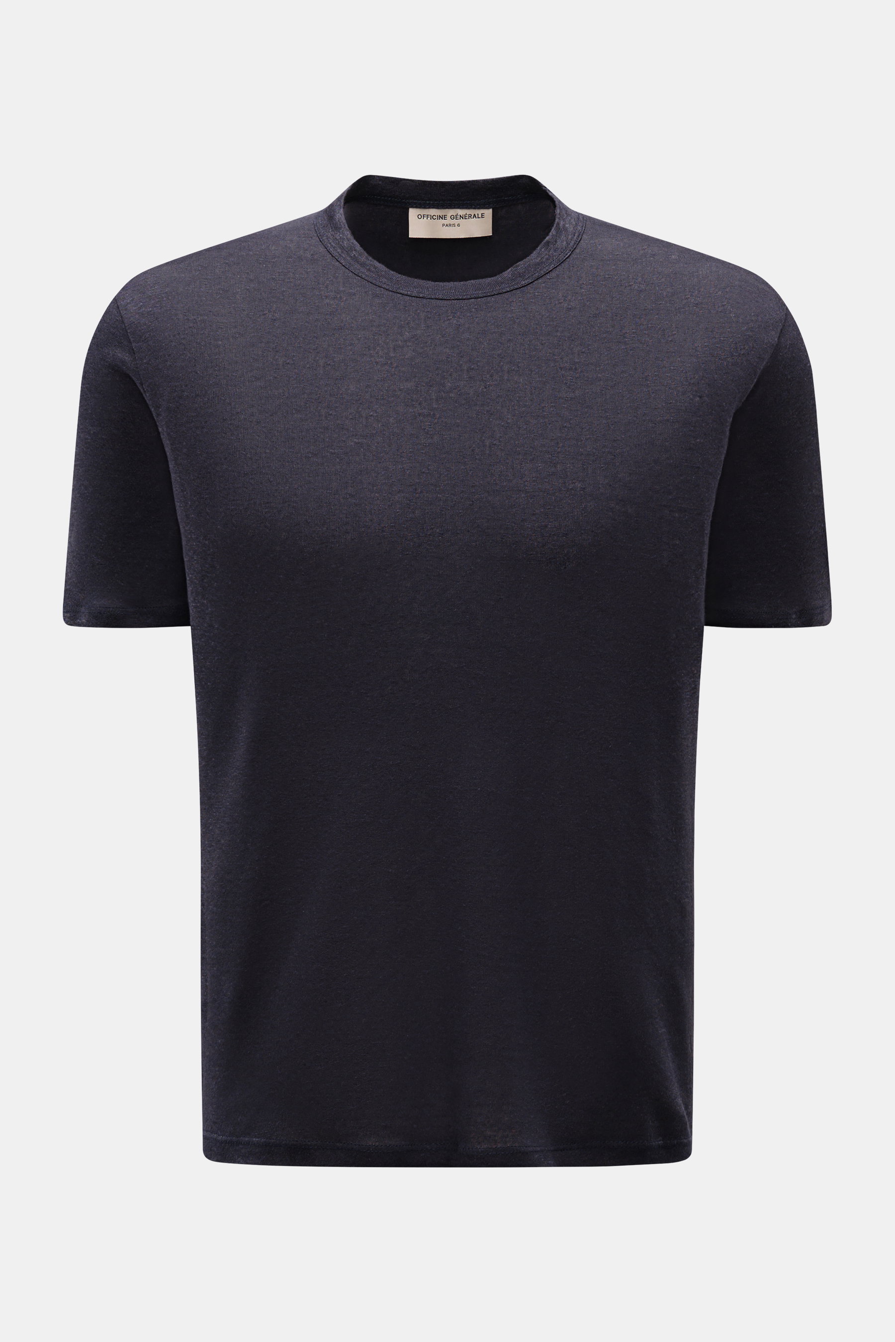 Frontansicht des Officine Générale Leinen Rundhals-T-Shirt navy, Slim Fit, leichte Jersey-Qualität aus reinem Leinen, weicher Griff, garment dyed, Rundhalsausschnitt.