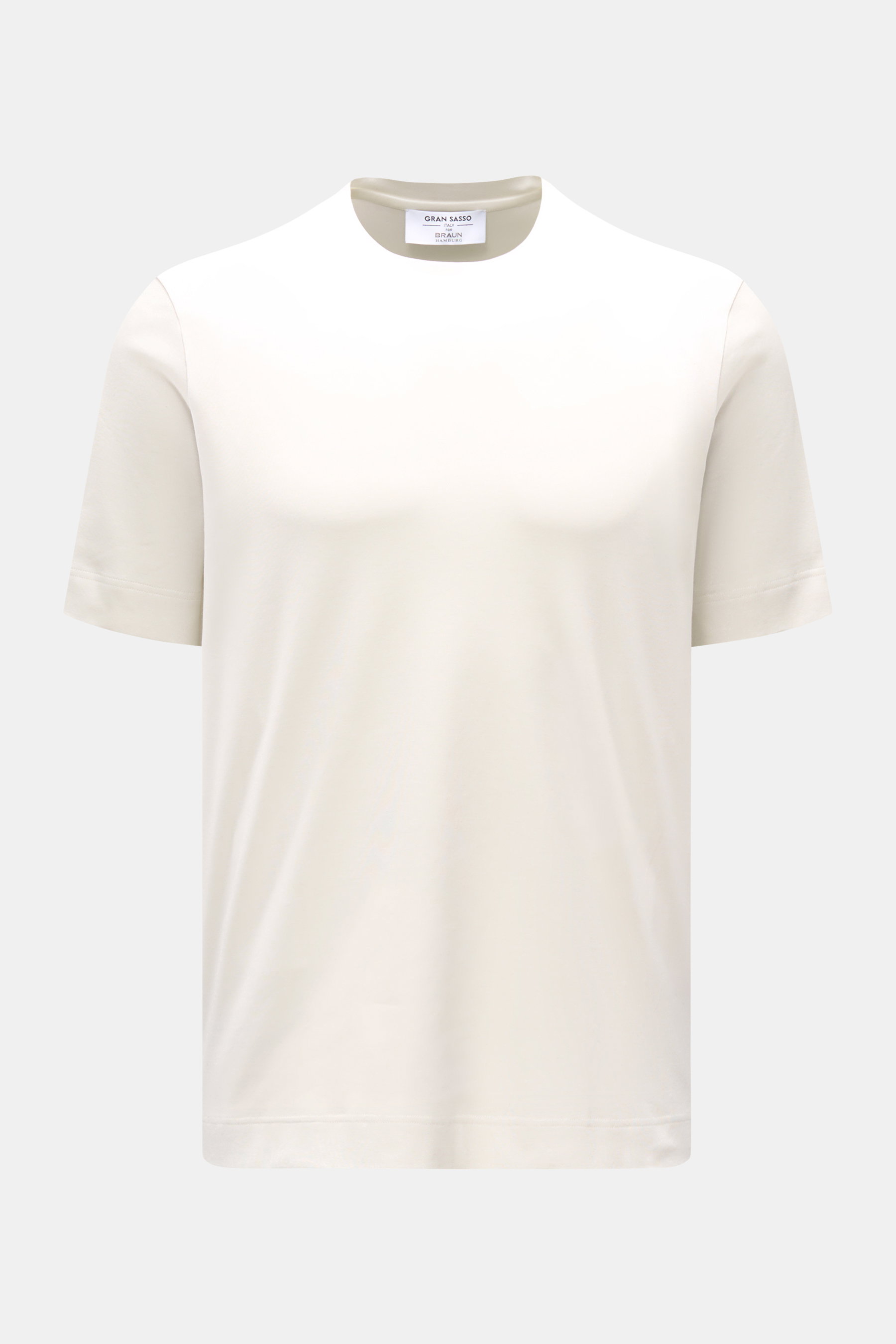 Gran Sasso Rundhals-T-Shirt offwhite, Slim Fit, reine Baumwolle, weicher Griff, Rundhalsausschnitt, seitliche Saumschlitze, frontale Produktansicht.