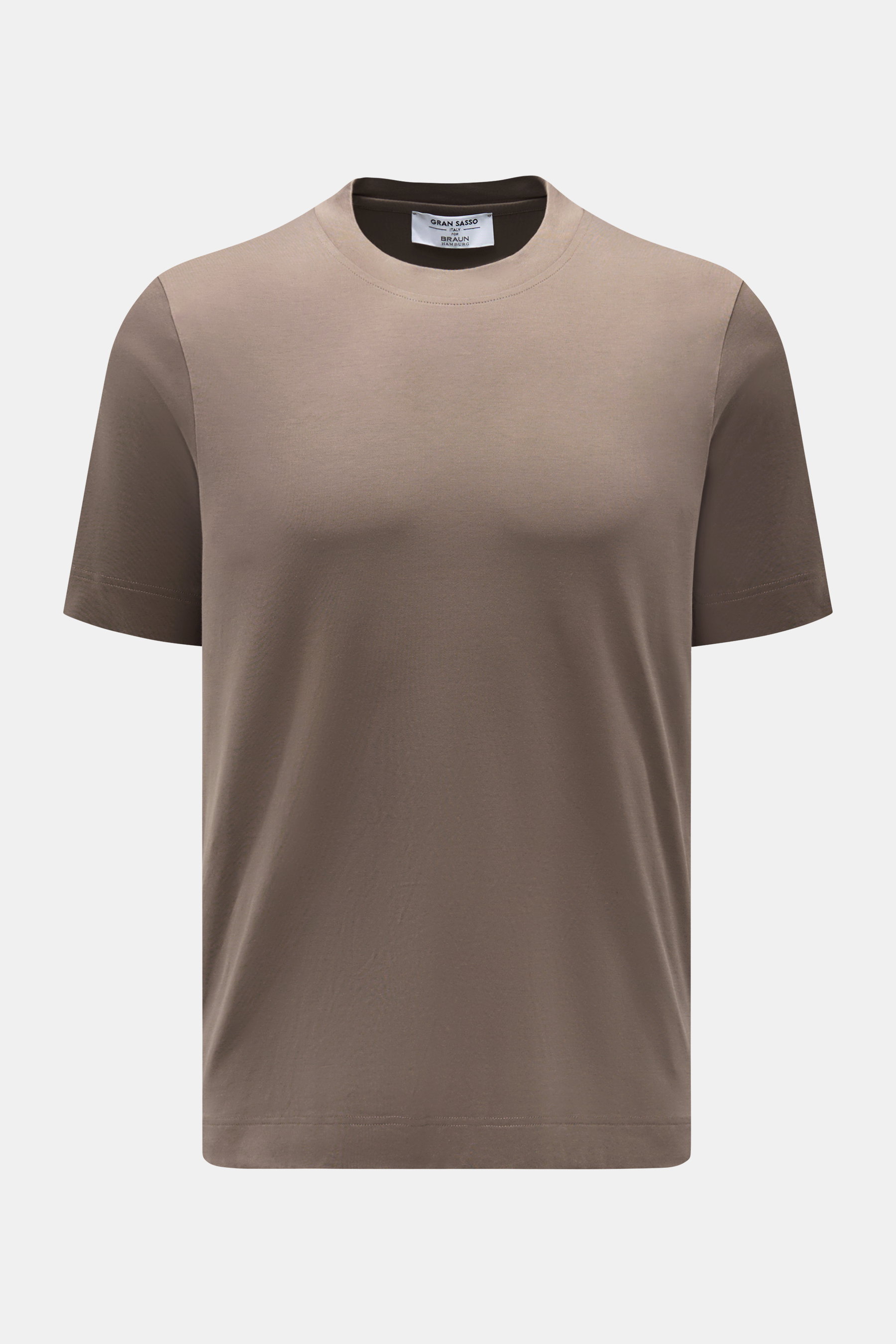 Gran Sasso Rundhals-T-Shirt graubraun, Slim Fit, reine Baumwolle, weicher Griff, frontale Nahaufnahme mit Rundhalsausschnitt und Saumschlitzen.