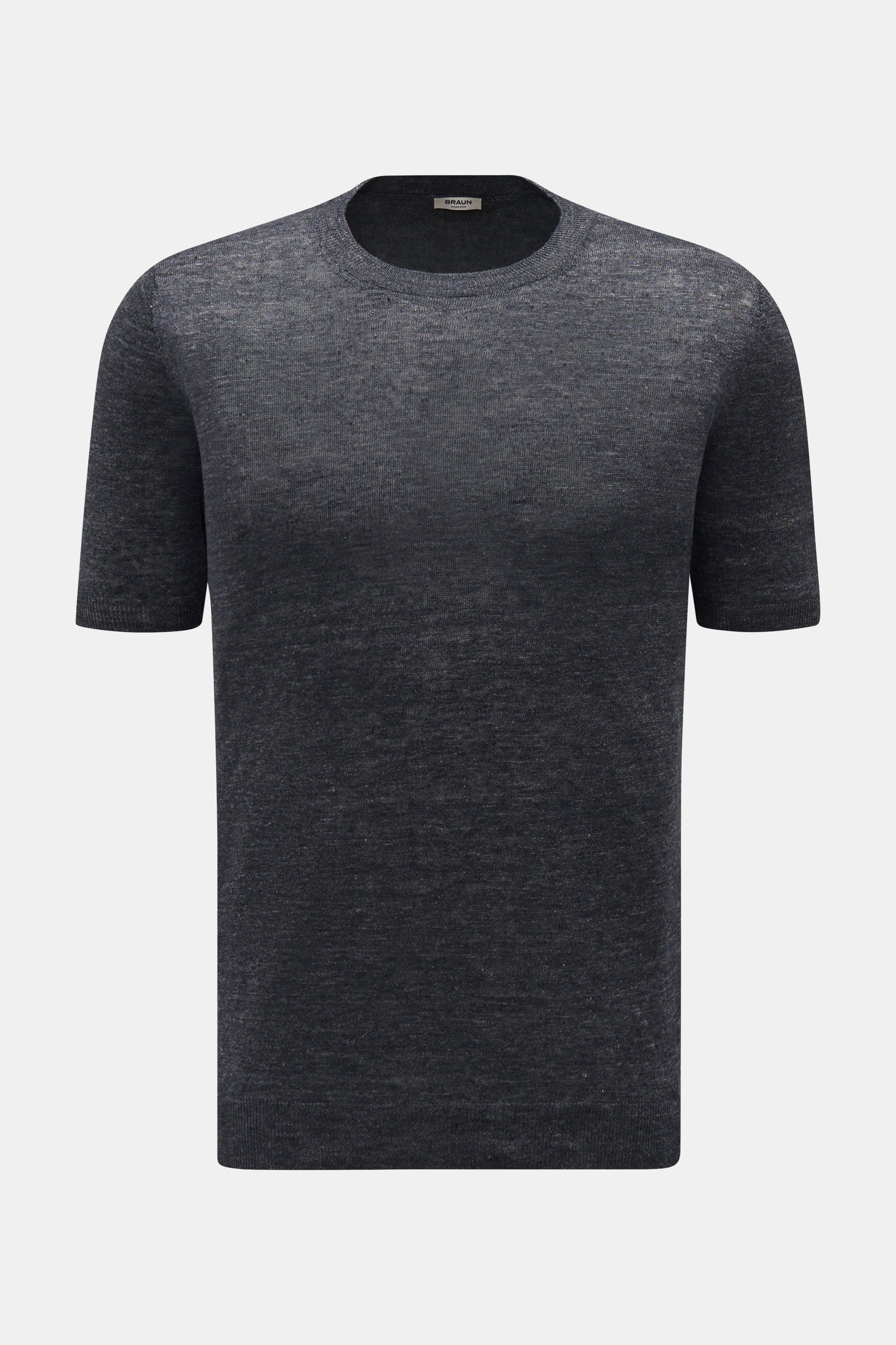 Gran Sasso Leinen Kurzarmpullover dunkelgrau, Slim Fit, aus reinem Leinen mit Rundhalsausschnitt und Rippbündchen, frontale Ansicht.