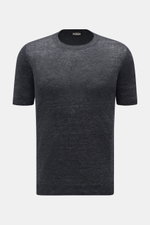 Gran Sasso Leinen Kurzarmpullover dunkelgrau, Slim Fit, aus reinem Leinen mit Rundhalsausschnitt und Rippbündchen, frontale Ansicht.
