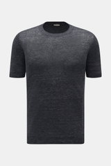 Gran Sasso Leinen Kurzarmpullover dunkelgrau, Slim Fit, aus reinem Leinen mit Rundhalsausschnitt und Rippbündchen, frontale Ansicht.