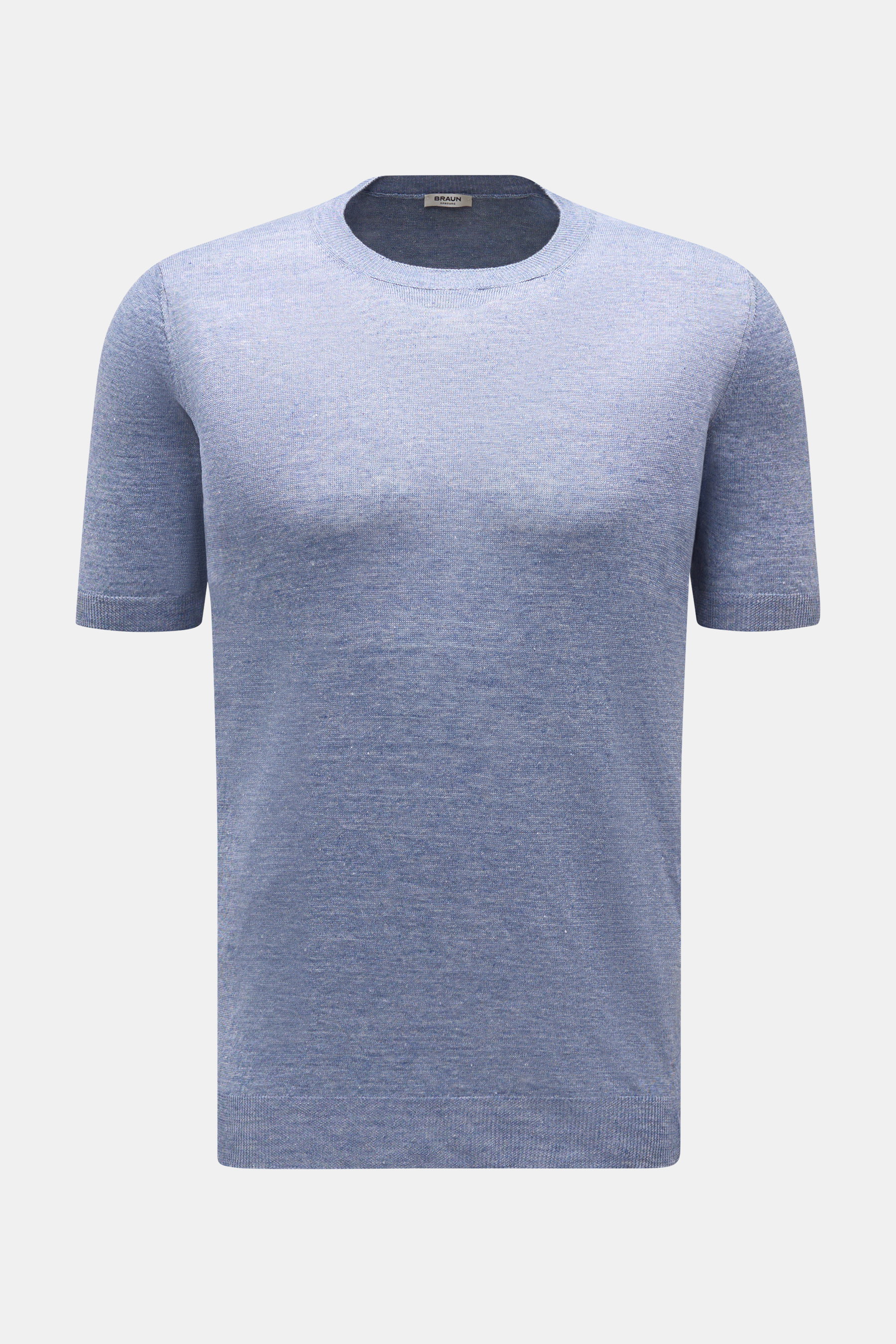Gran Sasso Leinen Kurzarmpullover hellblau, Slim Fit, aus reinem Leinen mit Rundhalsausschnitt, Rippbündchen, feinem Strick, frontale Nahaufnahme.