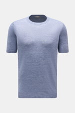 Gran Sasso Leinen Kurzarmpullover hellblau, Slim Fit, aus reinem Leinen mit Rundhalsausschnitt, Rippbündchen, feinem Strick, frontale Nahaufnahme.