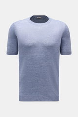 Gran Sasso Leinen Kurzarmpullover hellblau, Slim Fit, aus reinem Leinen mit Rundhalsausschnitt, Rippbündchen, feinem Strick, frontale Nahaufnahme.