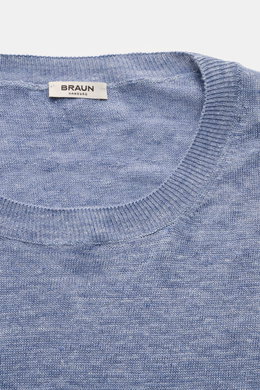Gran Sasso Leinen Kurzarmpullover hellblau, Nahaufnahme von oben, reines Leinen, Slim Fit, feines Strickbild, Rundhalsausschnitt, Rippbündchen.