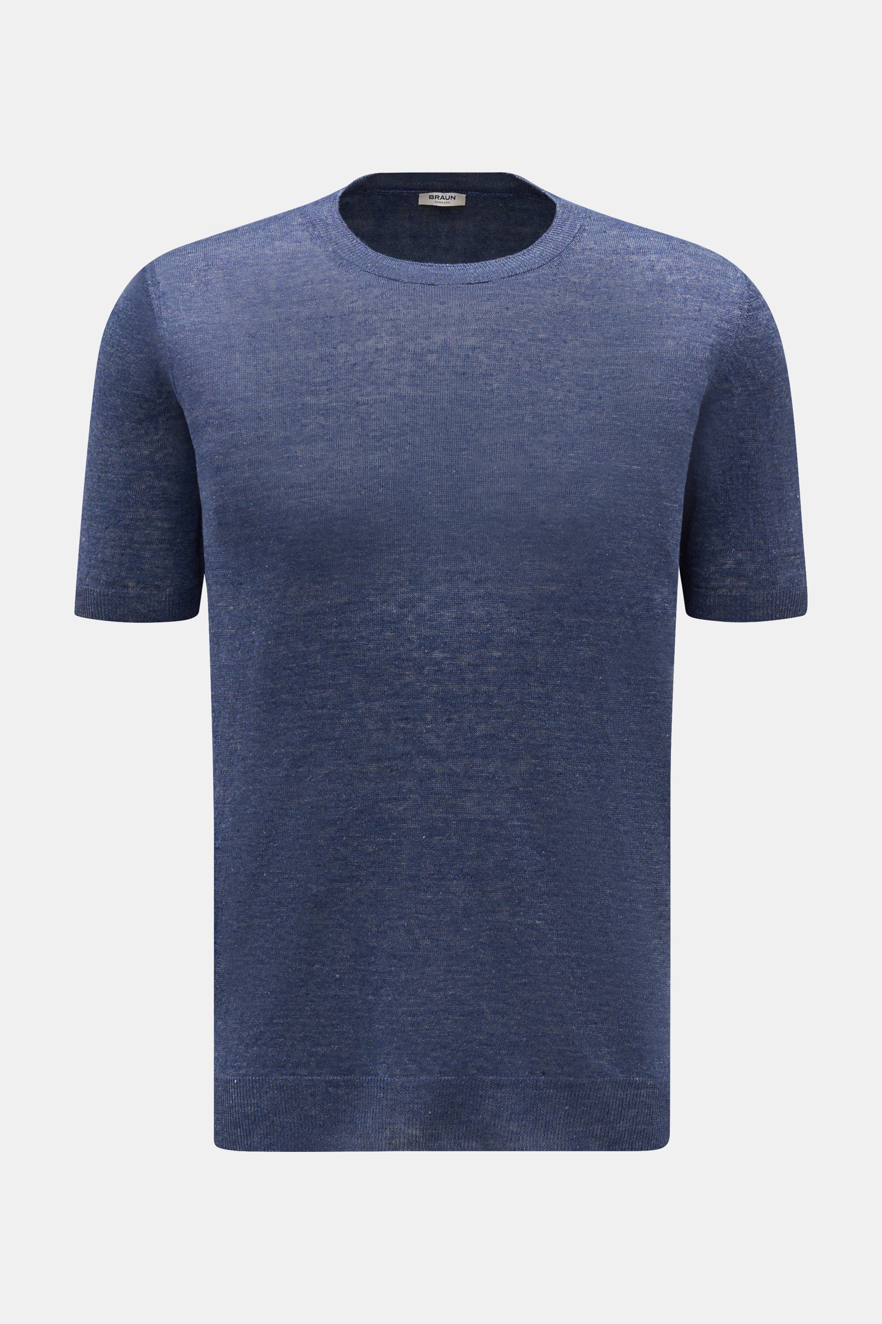 Gran Sasso Leinen Kurzarmpullover graublau, Slim Fit, aus reinem Leinen mit Rundhalsausschnitt und Rippbündchen, frontale Nahaufnahme.