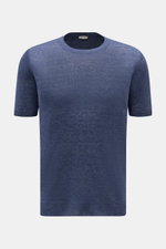 Gran Sasso Leinen Kurzarmpullover graublau, Slim Fit, aus reinem Leinen mit Rundhalsausschnitt und Rippbündchen, frontale Nahaufnahme.