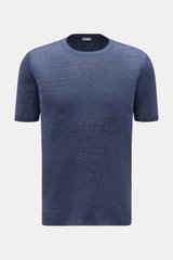 Gran Sasso Leinen Kurzarmpullover graublau, Slim Fit, aus reinem Leinen mit Rundhalsausschnitt und Rippbündchen, frontale Nahaufnahme.