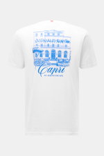 Weißes MC2 Saint Barth Rundhals-T-Shirt "Portland" in Slim Fit, Rückansicht mit blauem Capri-Print, Bio-Baumwolle, St. Barth-Stickerei.