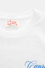 MC2 Saint Barth Rundhals-T-Shirt 'Portland' weiß, Detailaufnahme des Rundhalsausschnitts mit Bio-Baumwoll-Etikett, weiche Qualität, Slim Fit.