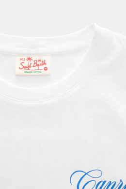 MC2 Saint Barth Rundhals-T-Shirt 'Portland' weiß, Detailaufnahme des Rundhalsausschnitts mit Bio-Baumwoll-Etikett, weiche Qualität, Slim Fit.
