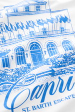 MC2 Saint Barth Rundhals-T-Shirt 'Portland' weiß, Detailaufnahme des blauen Capri-Rückenprints auf weißer Bio-Baumwolle, Slim Fit.
