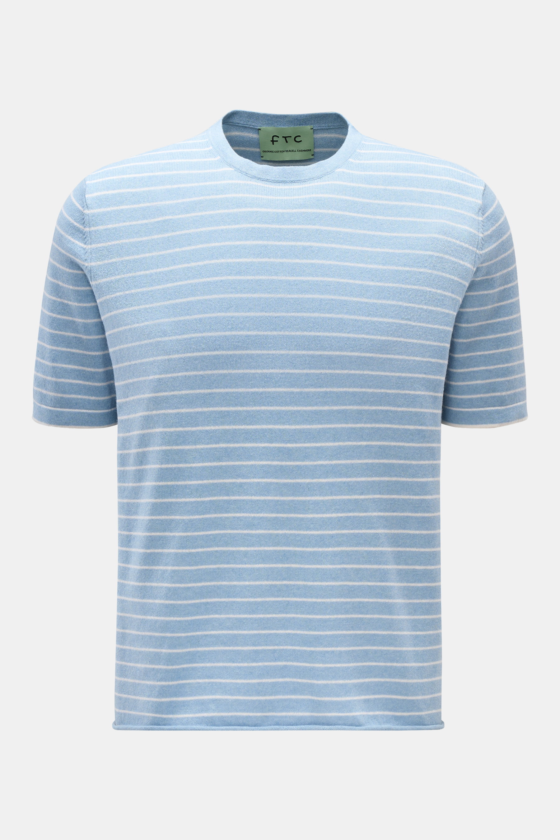 FTC Kurzarm-Rundhalspullover hellblau/weiß gestreift, luftiger Cashmere-Baumwoll-SeaCell-Mix, feines Strickbild, Regular Fit, frontal fotografiert.